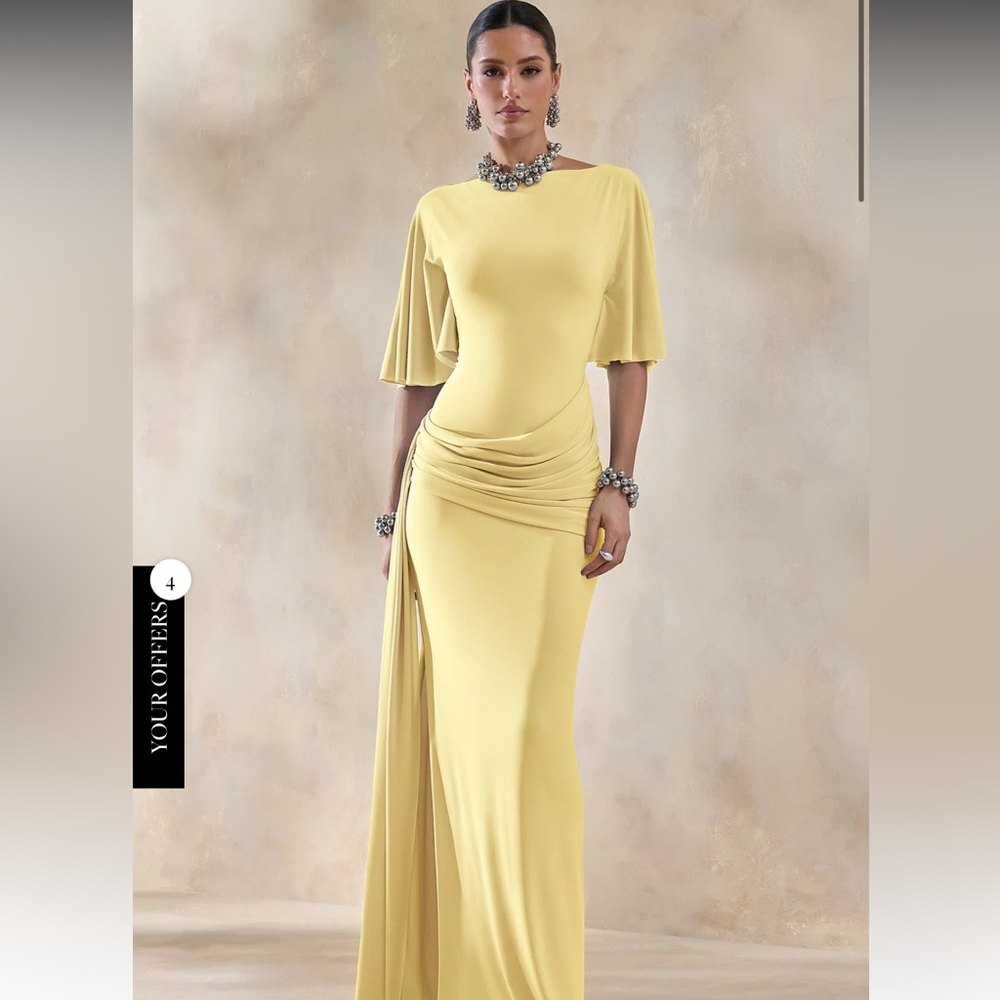 Club L London Emerelle Lemon Wide-Neck Maxi Dress With Sash & Draped-Detailing
